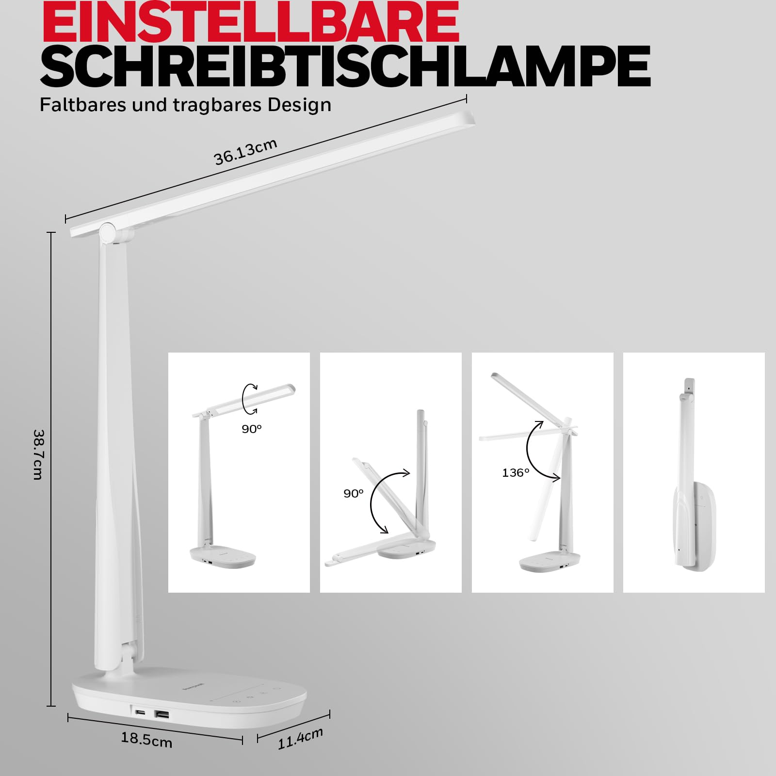 Honeywell HWT-H2 LED Schreibtischlampe, Augenschonend, Vollspektrum | CRI94 Vollspektrum | Augenschonendes Licht | 4 Farbmodi | USB-A & USB-C Laden | Faltbares Touch-Design