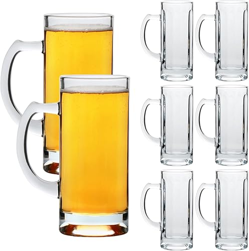 Ufrount Juego de 8 tazas de cerveza de vidrio, tazas de vidrio transparentes de 16 onzas con asa, taza de vidrio pesado con pajilla, vasos grandes