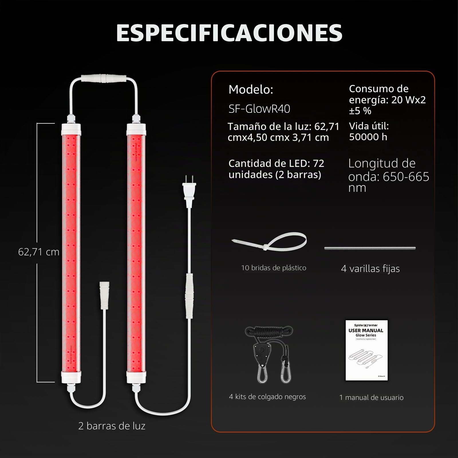 Spider Farmer GlowR40 Lámpara LED para Plantas, Barras de Iluminación Suplementaria de Espectro Rojo, 650-665NM Cultivo de Alta Eficiencia para Plantas de Interior Floración Juego de 2, 40W