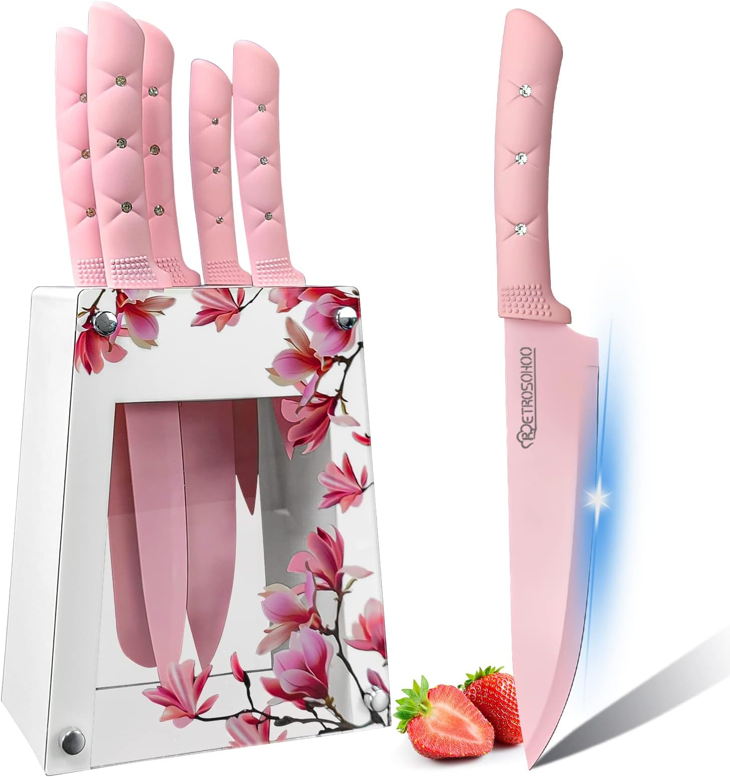 Kitchen Knife Set, Pink Flower 6PC Stainless Steel Sharp Chef Knife Set with Acrylic Stand, Cooking Non-slip Knife Set with Block, Non-stick Colorful Coating Gift for Women Girls (Pink)