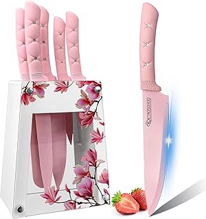 Kitchen Knife Set, Retrosohoo Pink Flower 6PC Stainless Steel Sharp Chef...