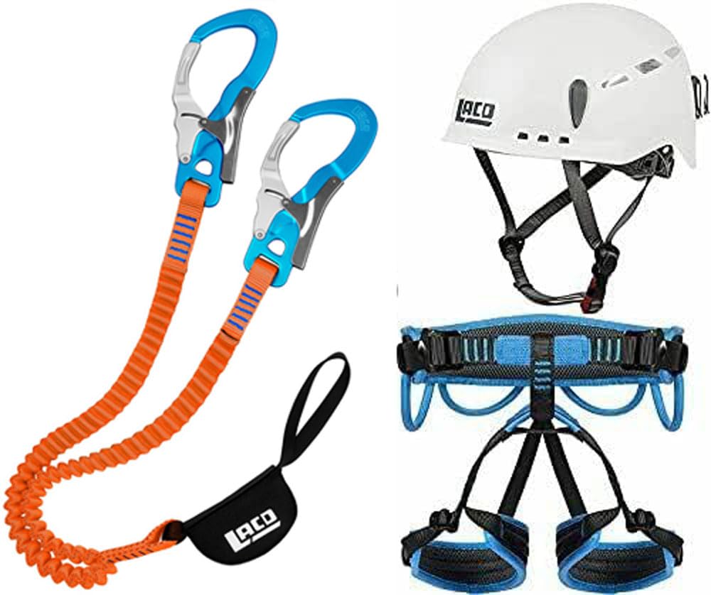 LACD Klettersteigset Ultimate 3.0 Ferrata Klettersteigset, Black-orange Klettergurt Start 2.0 Größe M (Taille = 80-120cm, Bein= 50-70cm) Helm Protector 2.0