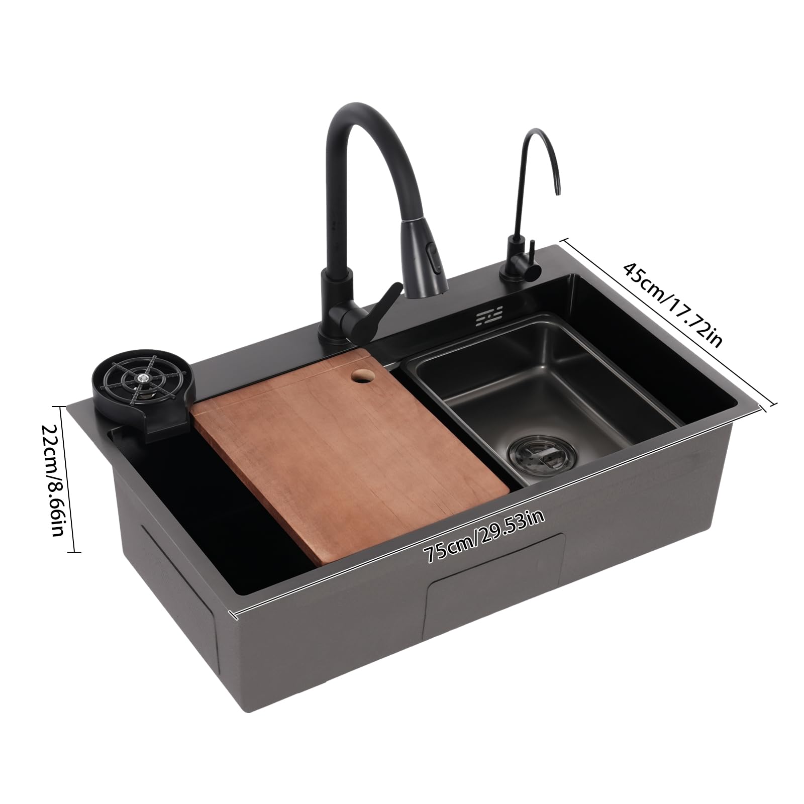 MINRS Évier de cuisine noir avec robinet, 75 x 45 cm, encastrable avec lave-vaisselle à tasses, planche à découper et égouttoir, 1 bac avec trois modes de sortie d'eau