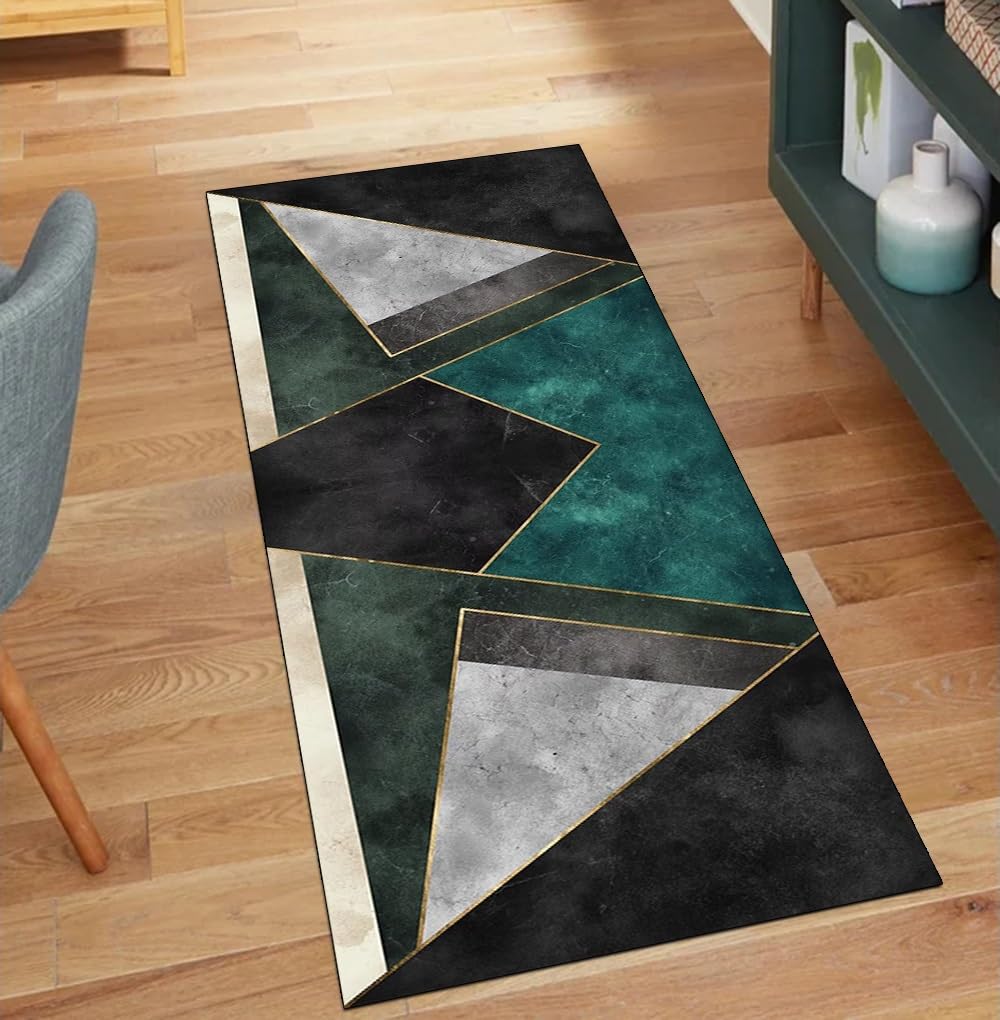 Alfombra de pasillo geométrica negra y verde lavable de 100 x 160 cm