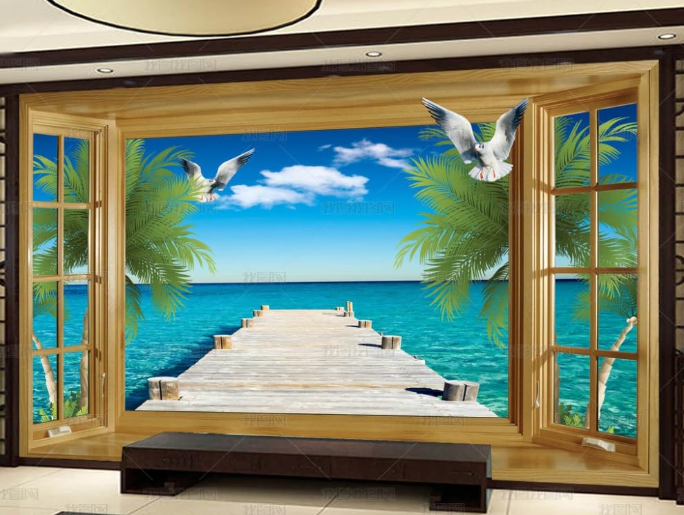 Papier peint intissé vue fenêtre poster géant mural pour salon et restaurant 300x210 cm