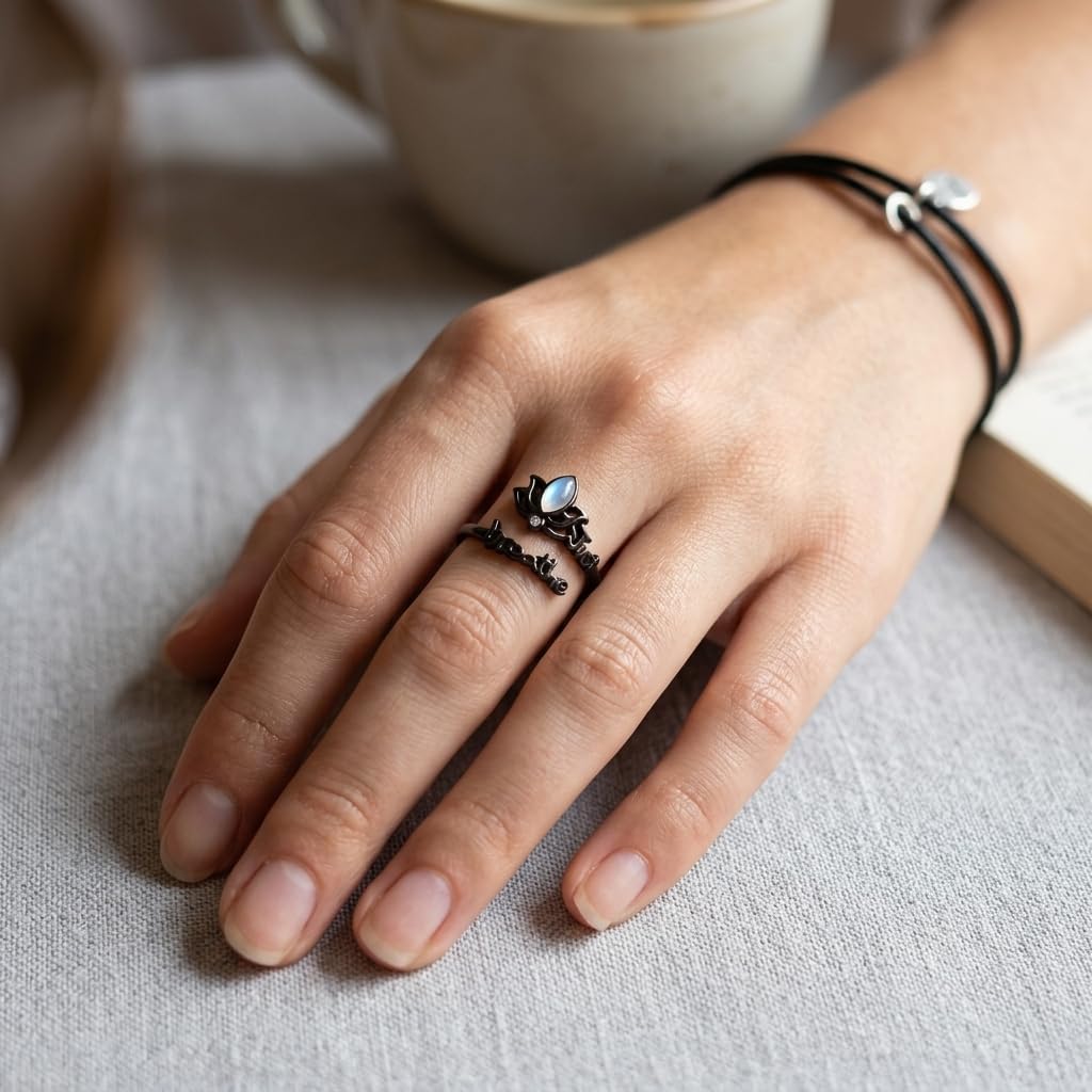 DAYLINLOVE Atme Einfach Ring 925er Sterling Silber Lotus Mondstein/Türkis/Semikolon Amethyst Opal Verstellbarer Daumen Ring Angst Psychische Gesundheit Bewusstsein Schmuckgeschenke für Damen Mama Oma