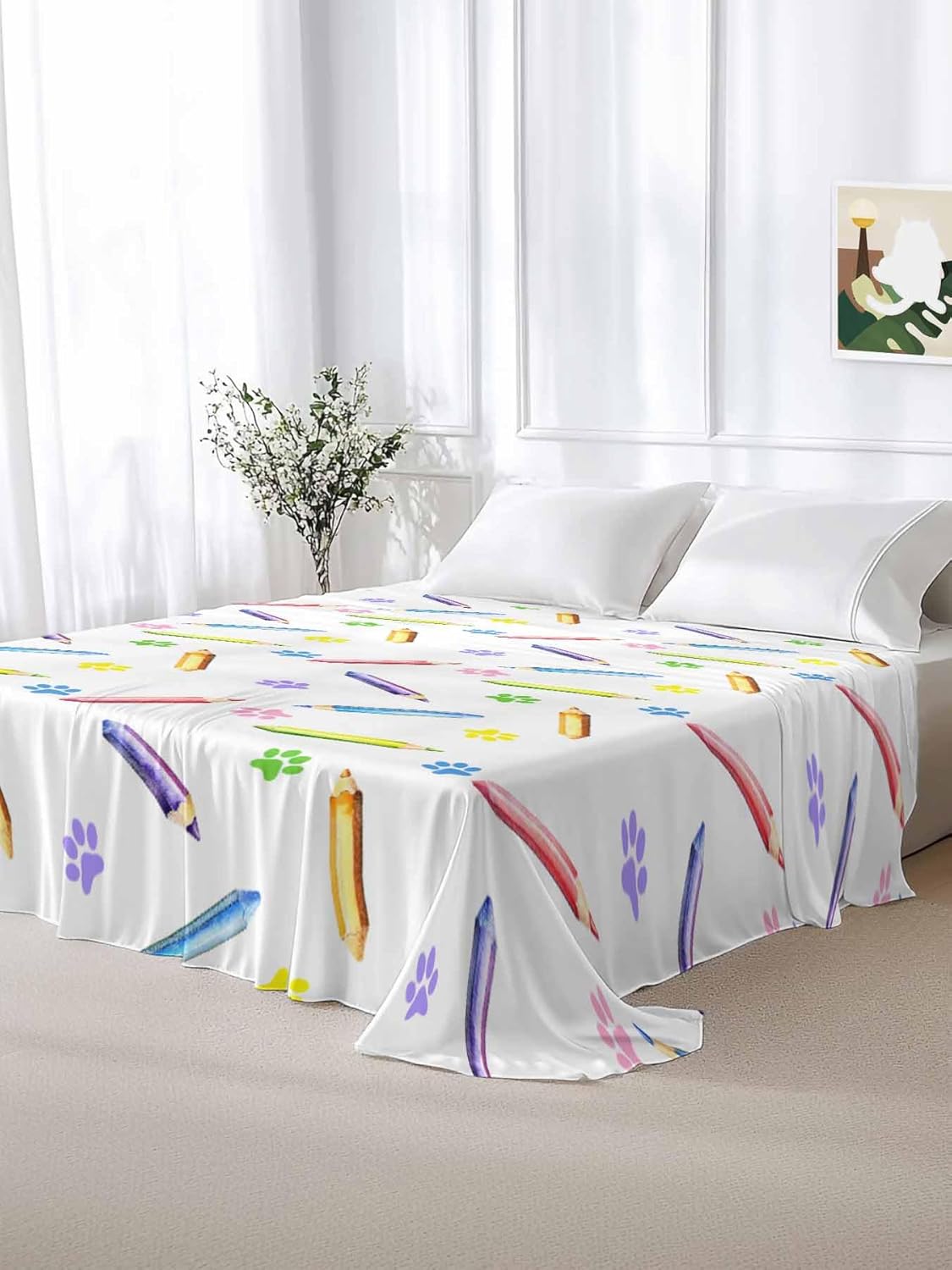 Full Flat Sheet, Cartoon Full Bed Sheets Only, Soft Microfiber Flat Sheet, Cute Colorful Pencil Paw Funny Print Hotel Quality Bedding Top Sheet Bedroom Home Dorm Decor