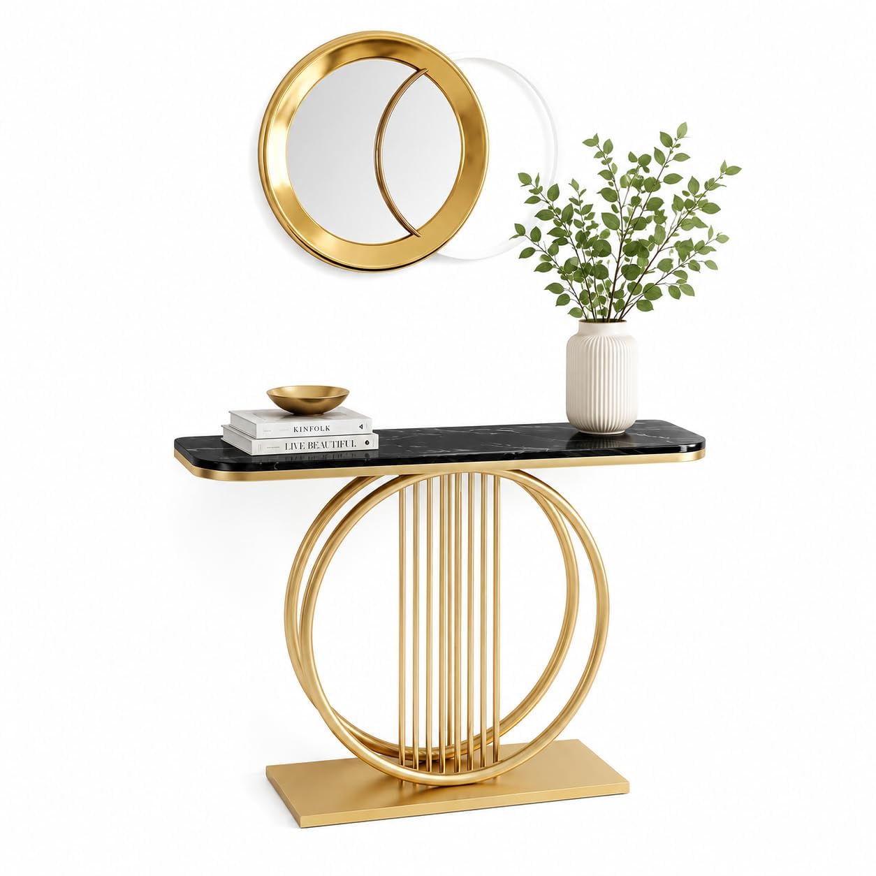 Console Table for Living Room, Modern Entryway Table with Engineered Wood Top & Golden Metal Frame, Narrow Sofa Table for Hallway, Bedroom & Home Décor, 30D x 75W x 70H cm, Black & Gold-image-18