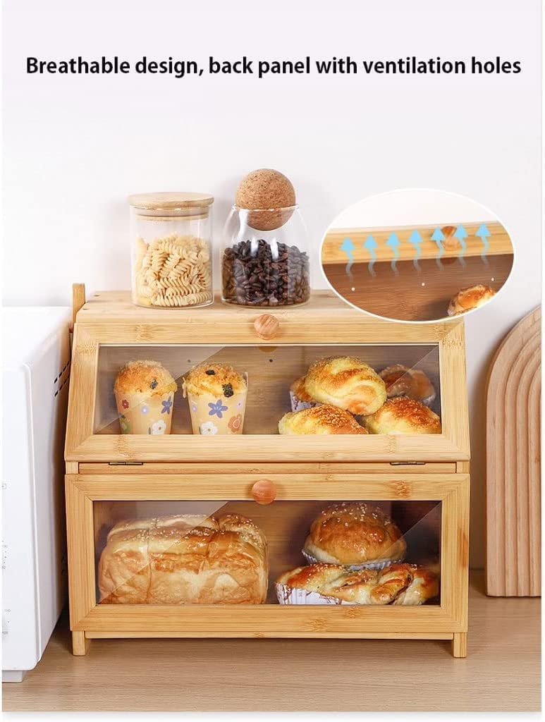 LIOONS Panera, panera Doble de Madera, Almacenamiento de Pan de Gran Capacidad con Ventana de Vidrio, Soporte para Pan