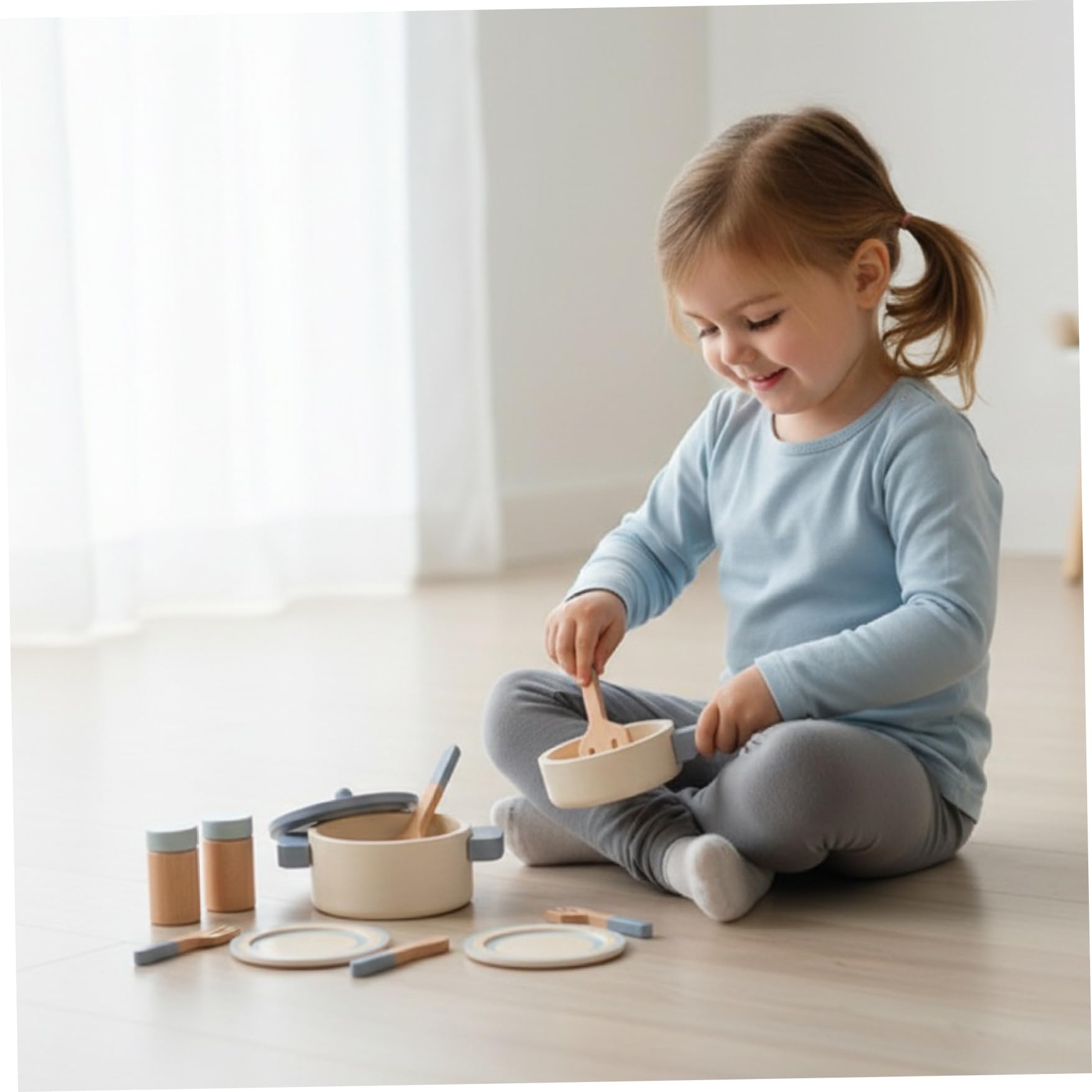 Accessoires de cuisine pour enfants, accessoires de cuisine jouets – Casseroles et poêles en bois pour les tout-petits à partir 3 ans – Batterie pour garçons et filles en plein air