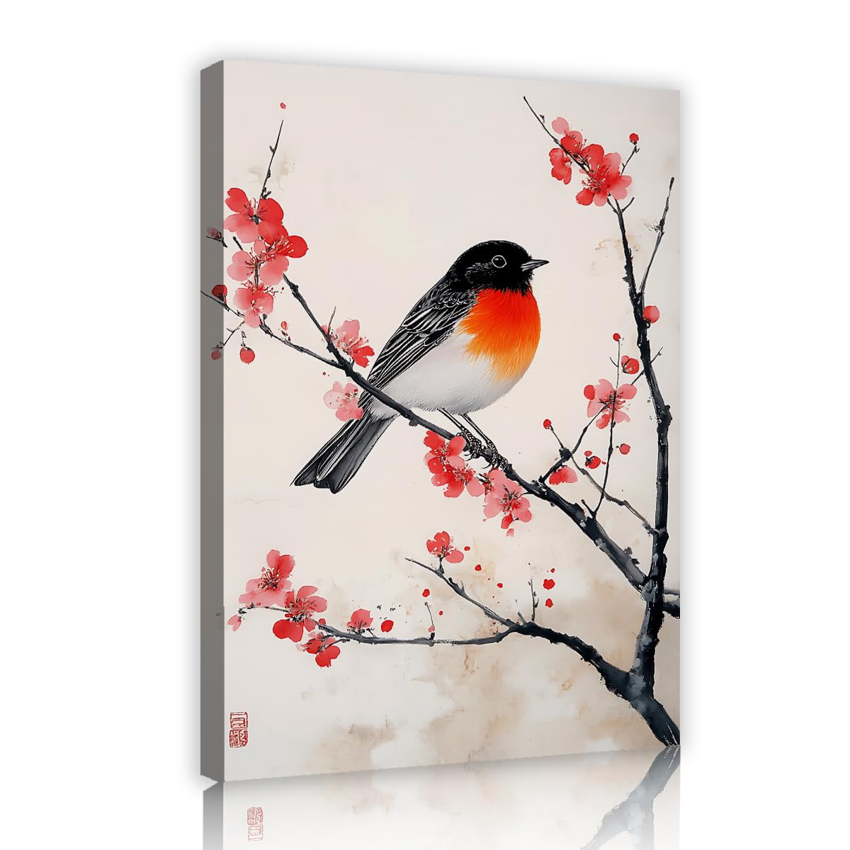 Via Vela Japanese Style Canvas Wall Art Red Plum Blossom Bird Pictures Ink Painting Nature Scenery For Living Room Bedroom Zen Home Decor Artwork 70x110cm