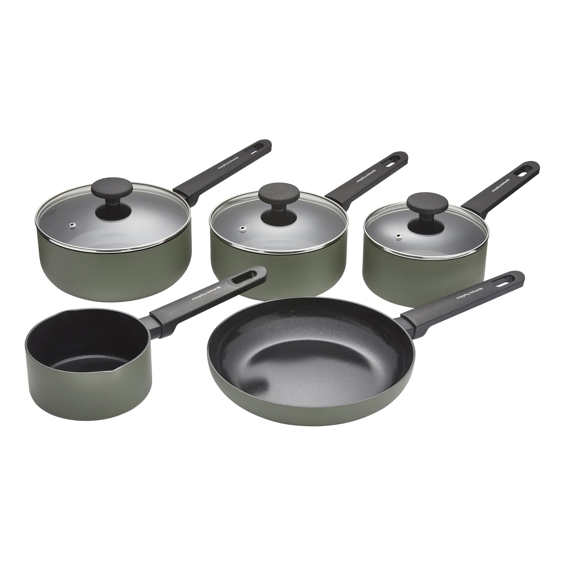Morphy Richards 5-Piece Saucepan Set, Recycled Aluminium, 14cm Milk Pan, 23cm Frying Pan, 16cm, 18cm & 20cm Saucepan, Non Stick Coating, Soft Touch Handles, Suitable for All Hobs, Green