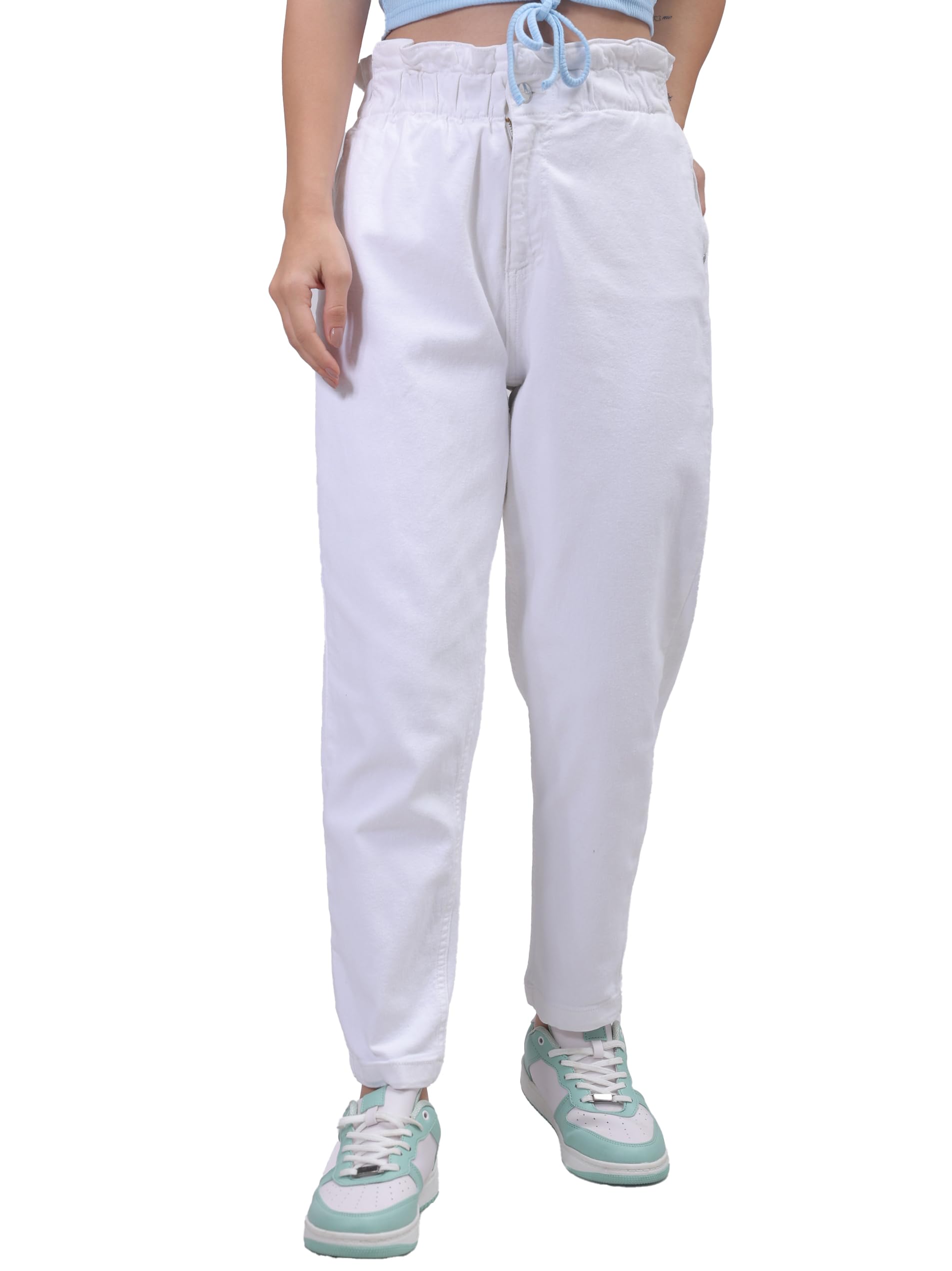 Cotton Polyester Lycra Mom Fit Solid White Elasticated Denim Jeans-image-41