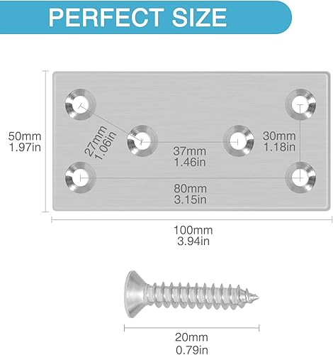 Miniatura 2 de 6 placas reparadoras de 3.94 x 1.97 pulgadas, soporte de metal plano con agujeros, conector de acero inoxidable para silla de escritorio de madera,