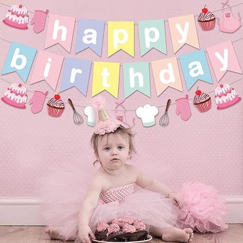 Miniatura 2 de Guirnalda de banderines con tema de horneado, color macarrón, dulce y feliz cumpleaños, panadería, chef, cupcake, suministros para fiestas temáticas