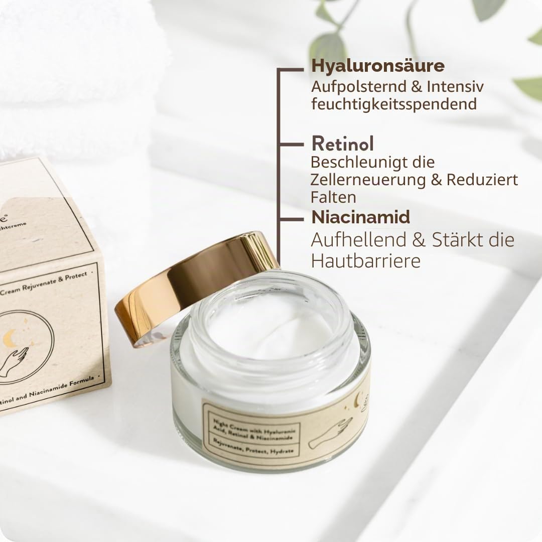 Suntribe Bio-Nachtcreme mit Hyaluronsäure, Retinol & Niacinamid / 50 ml - 3x Anti-Aging, 100% Natürlich - Feuchtigkeitsspendend, Arganöl & Aloe Vera - Nicht fettend, Parfümfrei, Vegan