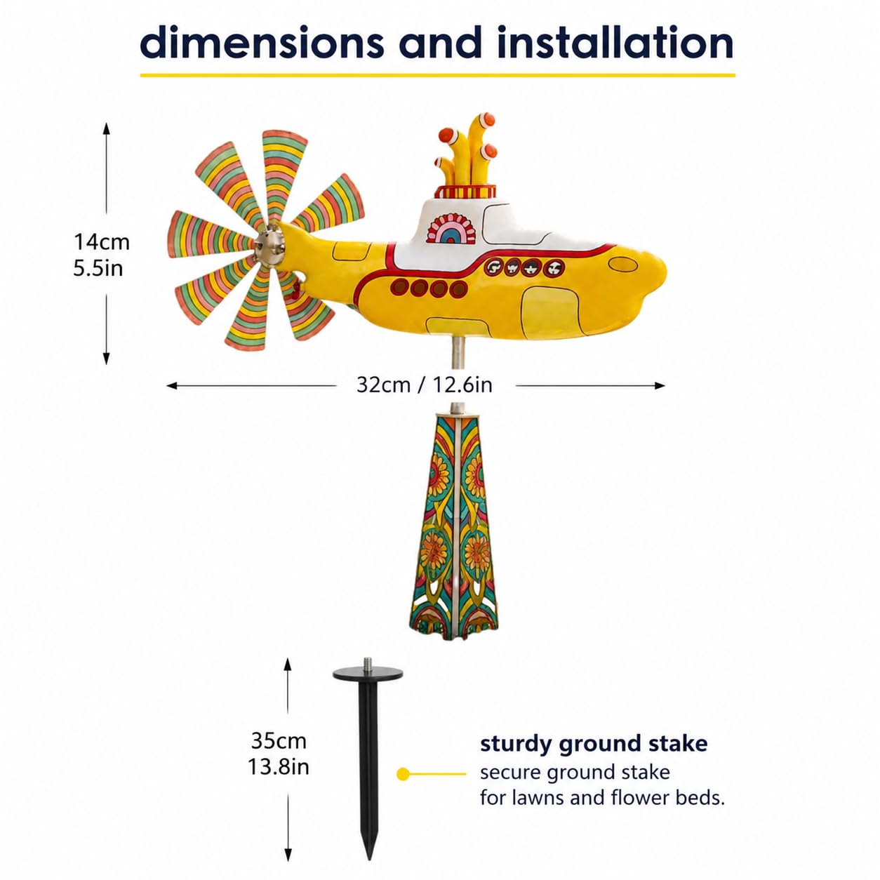 Moulin à vent sous-marin jaune - Décoration de jardin d'extérieur - Moulin à vent cinétique en métal robuste avec lames rotatives - Résistant aux UV - Pour terrasse, porche, maison et jardins