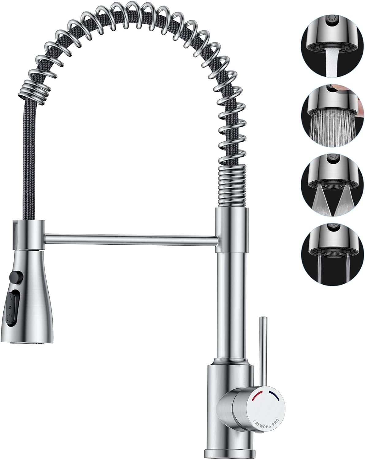 Mitigeur Cuisine avec Douchette Extractible, Robinet Évier Cuisine en Acier Inoxydable, Bec Pivotant 360°, 4 Modes de Jet, Arc Haut pour Évier de Cuisine 1 Trou