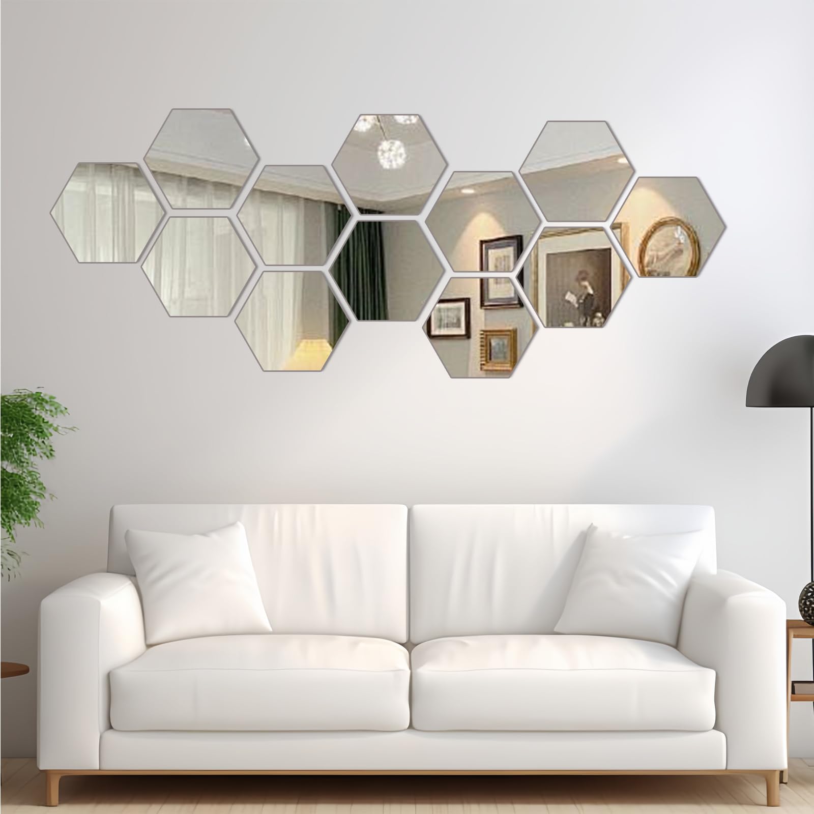Bosdontek 12 Pcs Self Adhesive Wall Mirror, Large Hexagon Acrylic Mirror Stick on Mirror, High Clear Mirrors Tiles Adhesive, Flexible Wall Mirror Stickers for Bathroom, Bedroom, Hallway Decoration