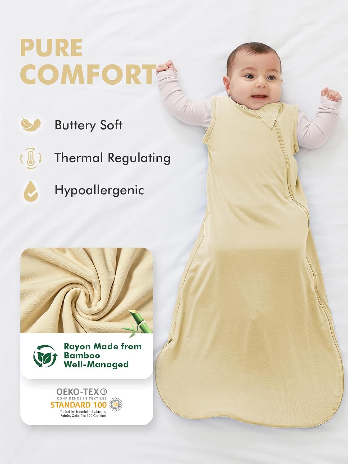 HAPIU Unisex Rayon Made from Bamboo Baby Sleep Sack TOG 0.5, 2-Way Premium Zipper, Wearable Blanket, 0-6 Months,Oat