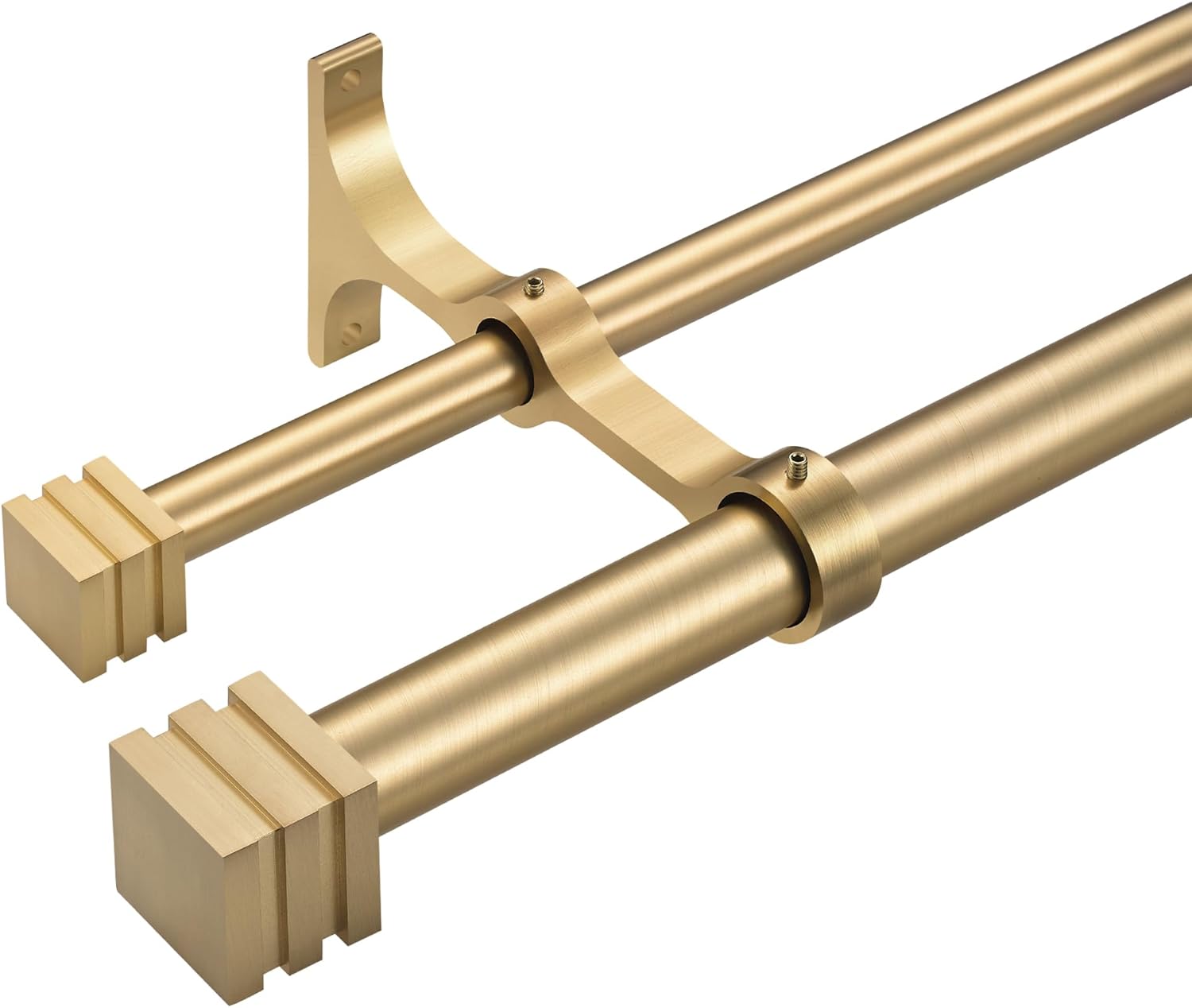 Double Curtain Rods with Aluminum Full Surround Brackets and Cube Box Finials,Warm Gold Curtain Rods for Windows 72 to 144 inch,1'' Front and 5/8''Back Adjustable Double Drapery Rods 72-144" Warm Gold