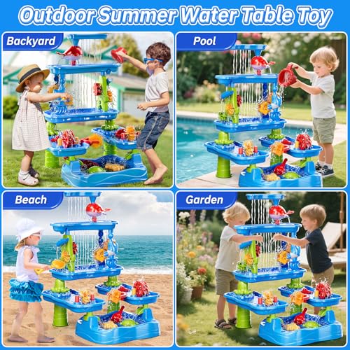 BLmukce 5-stufiger Sand- und Wassertisch mit pumpendem Elefant, Outdoor Sensorik Spielset für Kinder, Sommer Strandspielzeug für Kleinkinder 2-3 4-8 Jahre, Wassertisch mit Zubehör für Jungen Mädchen