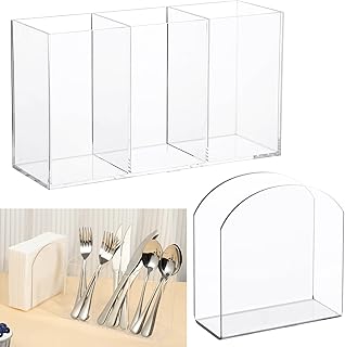 Rainmae Cutlery Storage Organizer and Napkin Holder Kit, Acrylic Cutlery Utensil Holder Tissue Paper Holder for Kitchen Countertop Organization Hold Fork Knife Spoon Silverware Tableware Storage Box