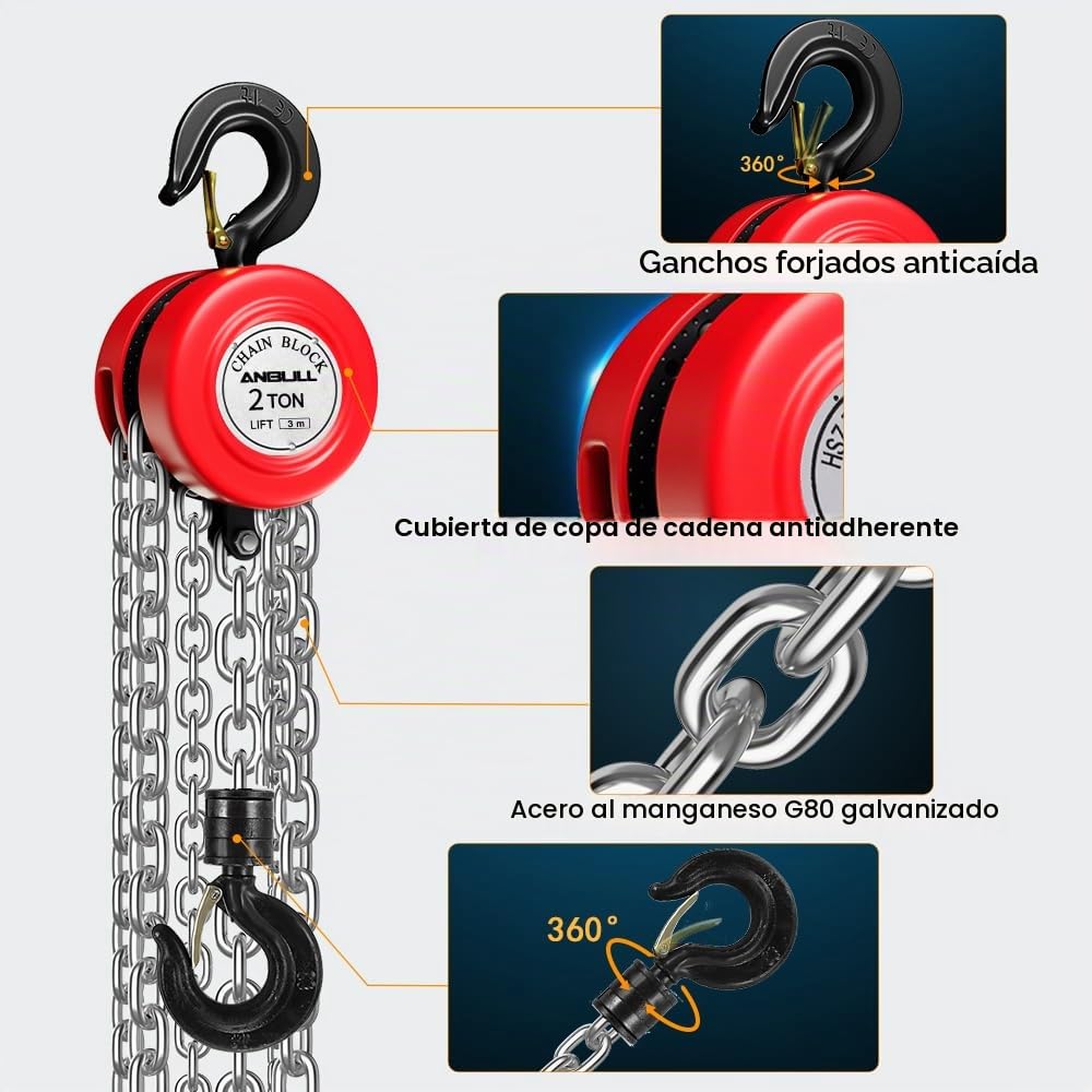 Anbull Polipasto manual de Cadena 2000kg 3M, Cadena de acero al manganeso G80 Totalmente Galvanizada, libre de aceite y resistente al óxido