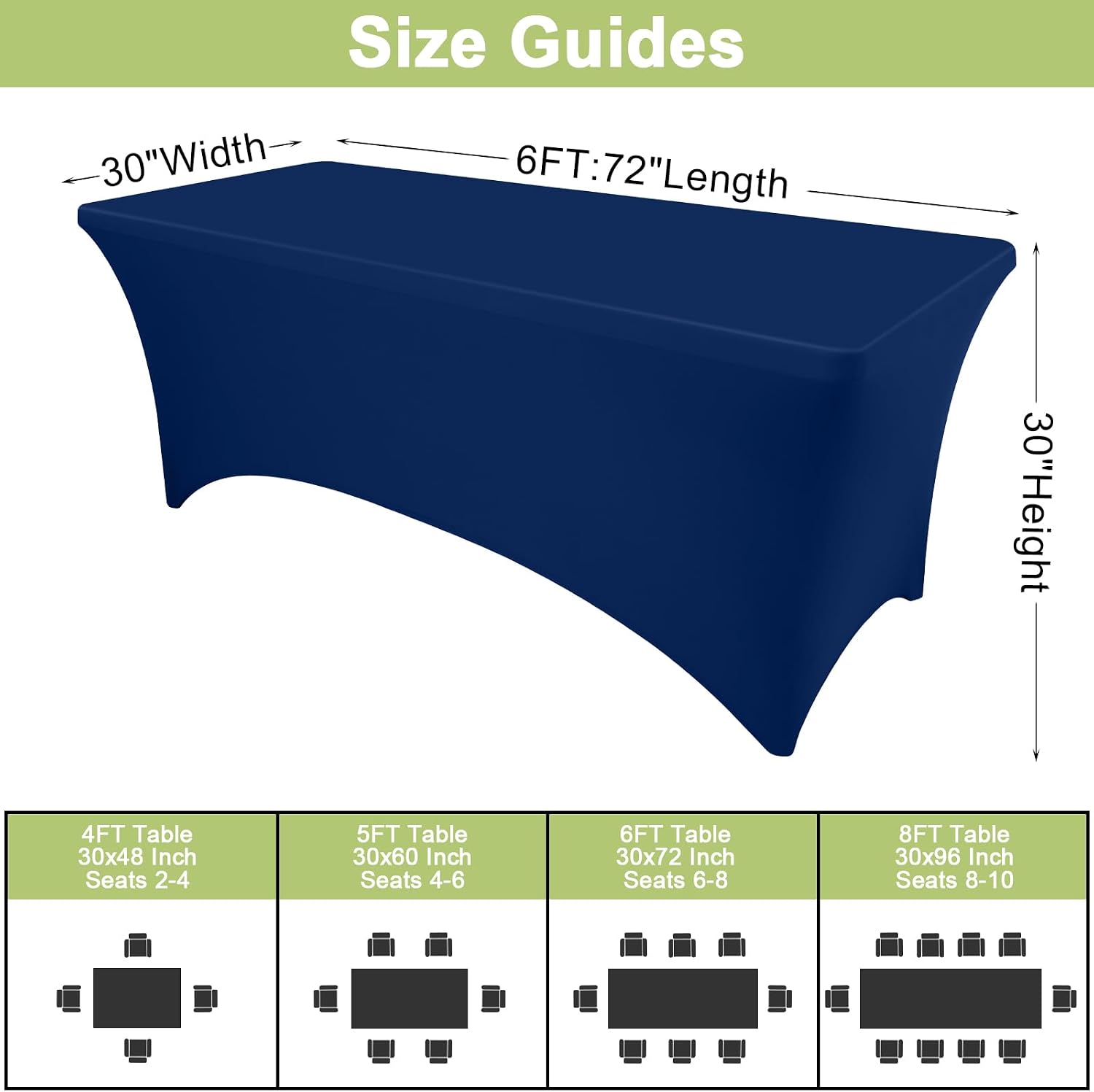 Condition photo showing New/Like New for moosfor spandex elastic fitted 6ft rectangle tablecloth 6 pack, stretch washable reusable table cover for outdoor picnic, dining, wedding, banquet & party events (navy, 72lx30wx30h inch) navy 6 feet - 6 pack