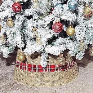 Blissun christmas tree collar rattan farmhouse christmas tree ring natural woven rustic christmas tree skirt plaid large  urban country home decor