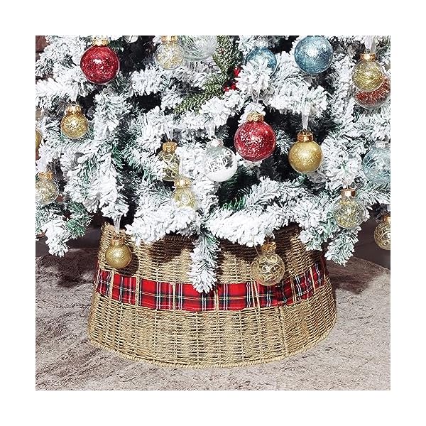 Blissun christmas tree collar rattan farmhouse christmas tree ring natural woven rustic christmas tree skirt plaid large  urban country home decor