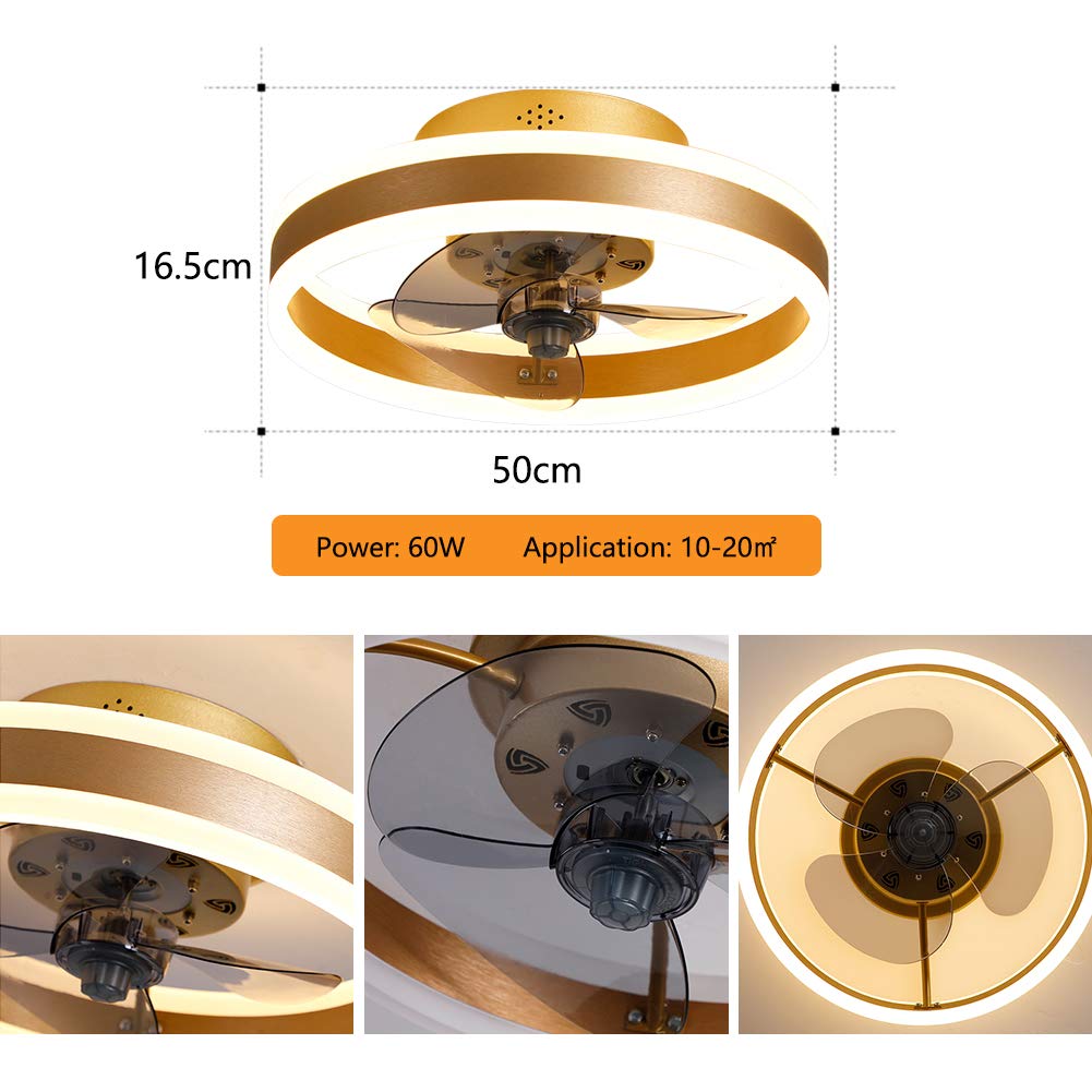 JAHQ Ventilador de Techo con Luz Lámpara LED 60W Ventilador Invisible App Control con Mando a Distancia Luz Regulable Luz Fría/Neutra/Cálida Φ50*H16,5cm Iluminación Decorativo
