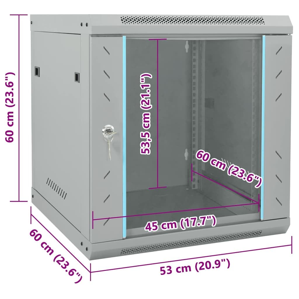 Armadietto di rete 53 x 60 x 60 cm, alloggiamento da parete per server infrastruttura IT in acciaio con porta in vetro di sicurezza, grigio
