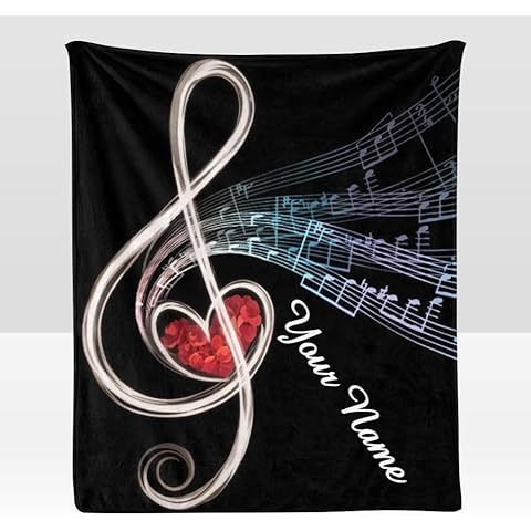Custom Blanket with Name Text,Personalized Treble Love Music Note Super Soft Fleece...