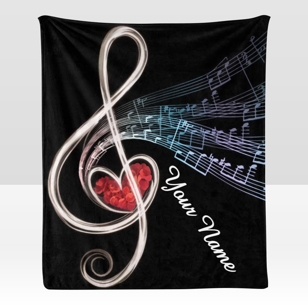 Custom Blanket with Name Text,Personalized Treble Love Music Note Super Soft Fleece Throw Blanket for Couch Sofa Bed (50 X 60 inches)