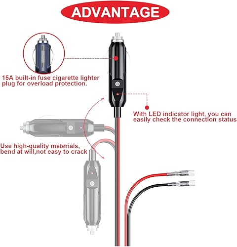 Miniatura 6 de Enchufe de repuesto para encendedor de cigarrillos macho de 12 V, enchufe macho de repuesto para encendedor de cigarrillos macho, con cables, luz