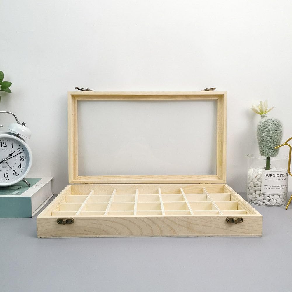 Scatola Espositiva In Legno Con Coperchio Trasparente HOMOCONO – Per Rocce E Minerali, Con Scomparti, 33,5x26,8x5,2 Cm