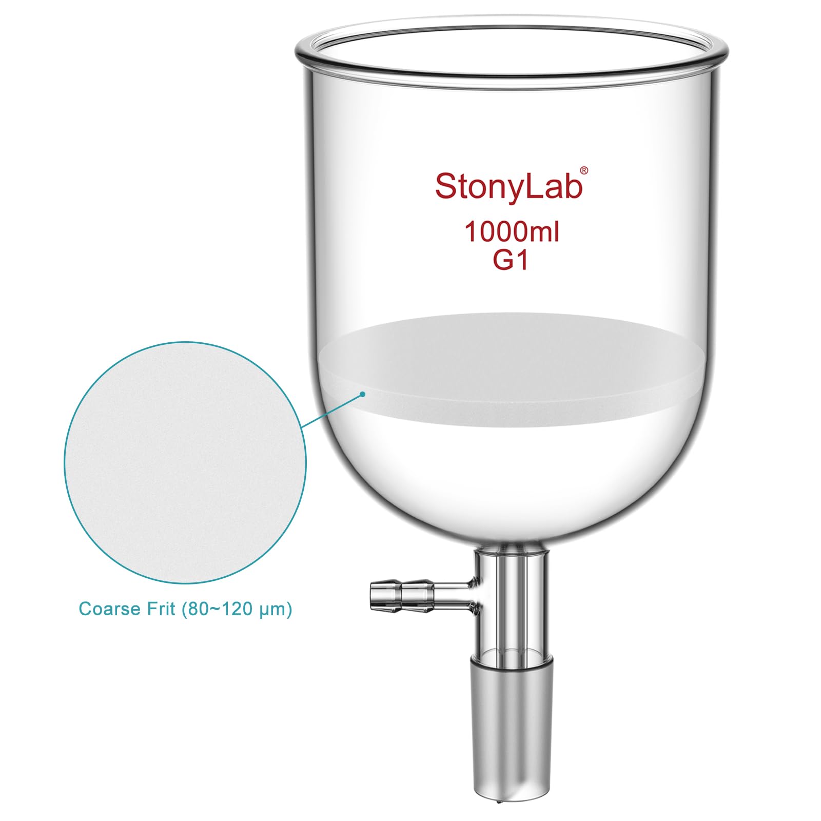 StonyLab Vetro Borosilicato Imbuto Filtrante Buchner con Fritta Grossolana (G1), Buchner Funnel con Diametro Interno 113mm, Profondità 110 mm, con Giunto 24/40 e Tubazione Dentata sotto Vuoto, 1000ml