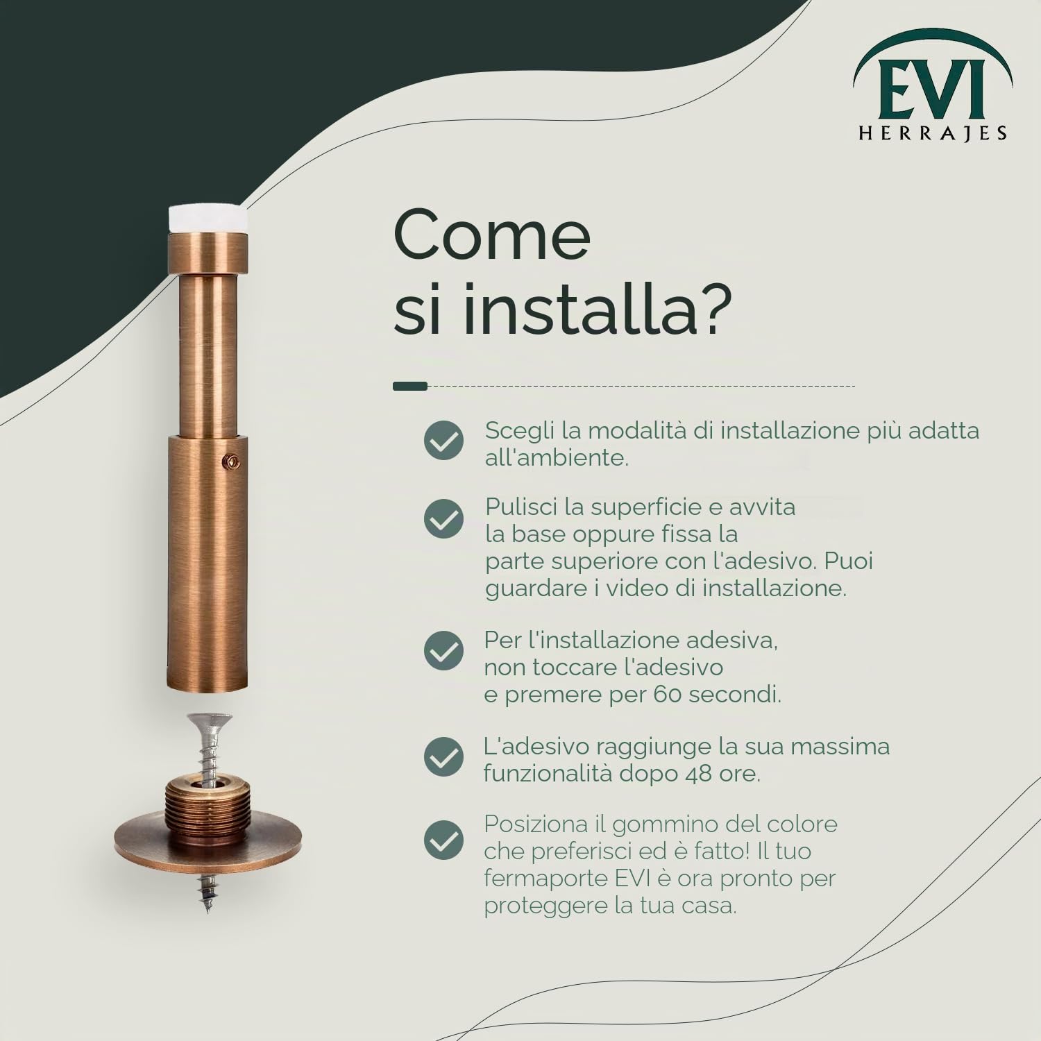 EVI HERRAJES Fermaporta da parete regolabile, installazione adesiva o con striscia fondo (Ottone Pelle Invecchiata)