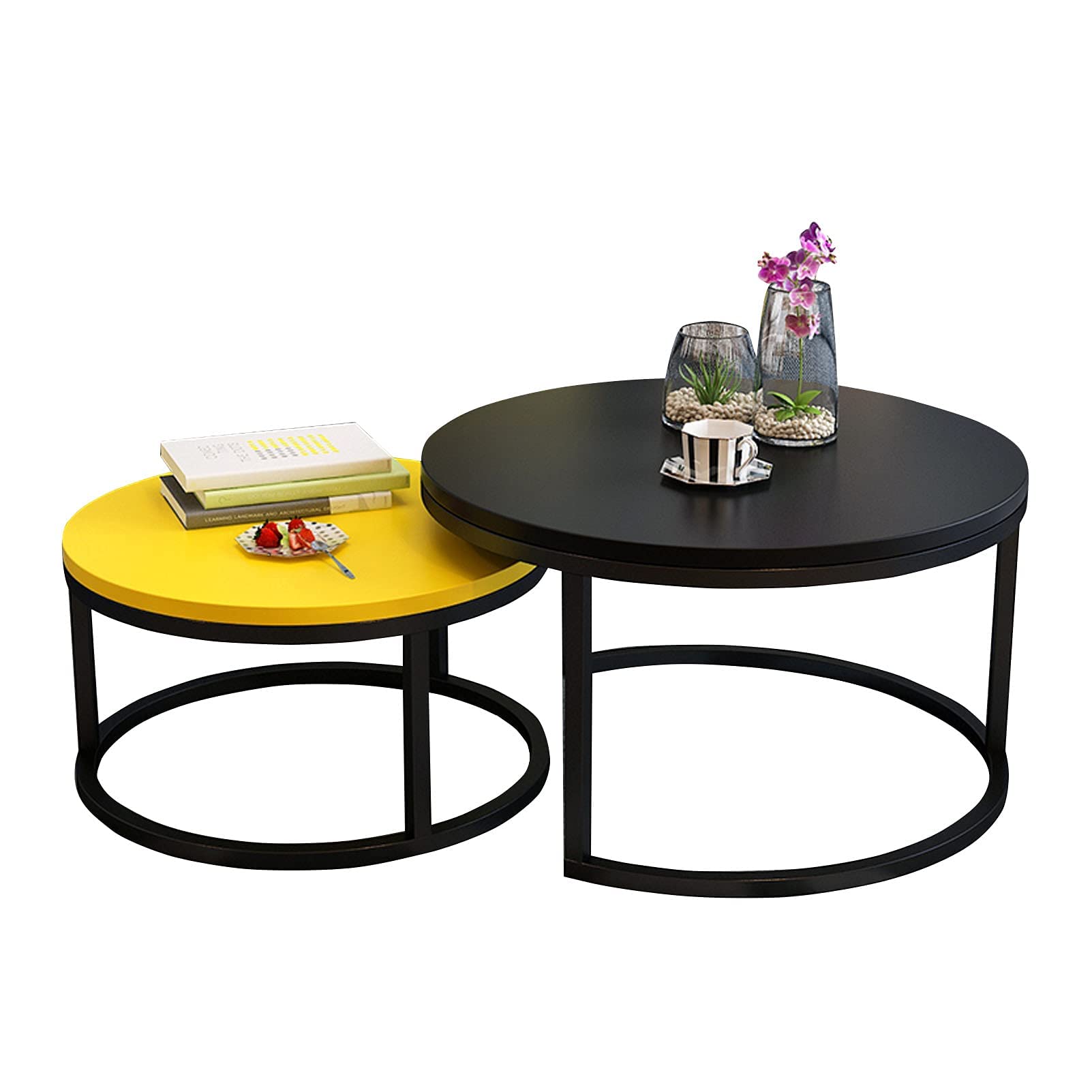 Table basse gigogne bois industriel et métal robuste noir jaune pour petit espace
