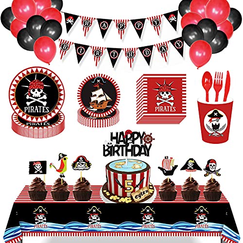 JHkim Pirate Party Supplies - Halloween Party (157PCS Serves 16), Incluedes Paper Plates, Balloons, Happy Birthday Banner, Napkins, Cups, Tablecloth, Flatware, Cupcake Toppers, Halloween Pirate Themed Birthday Decorations