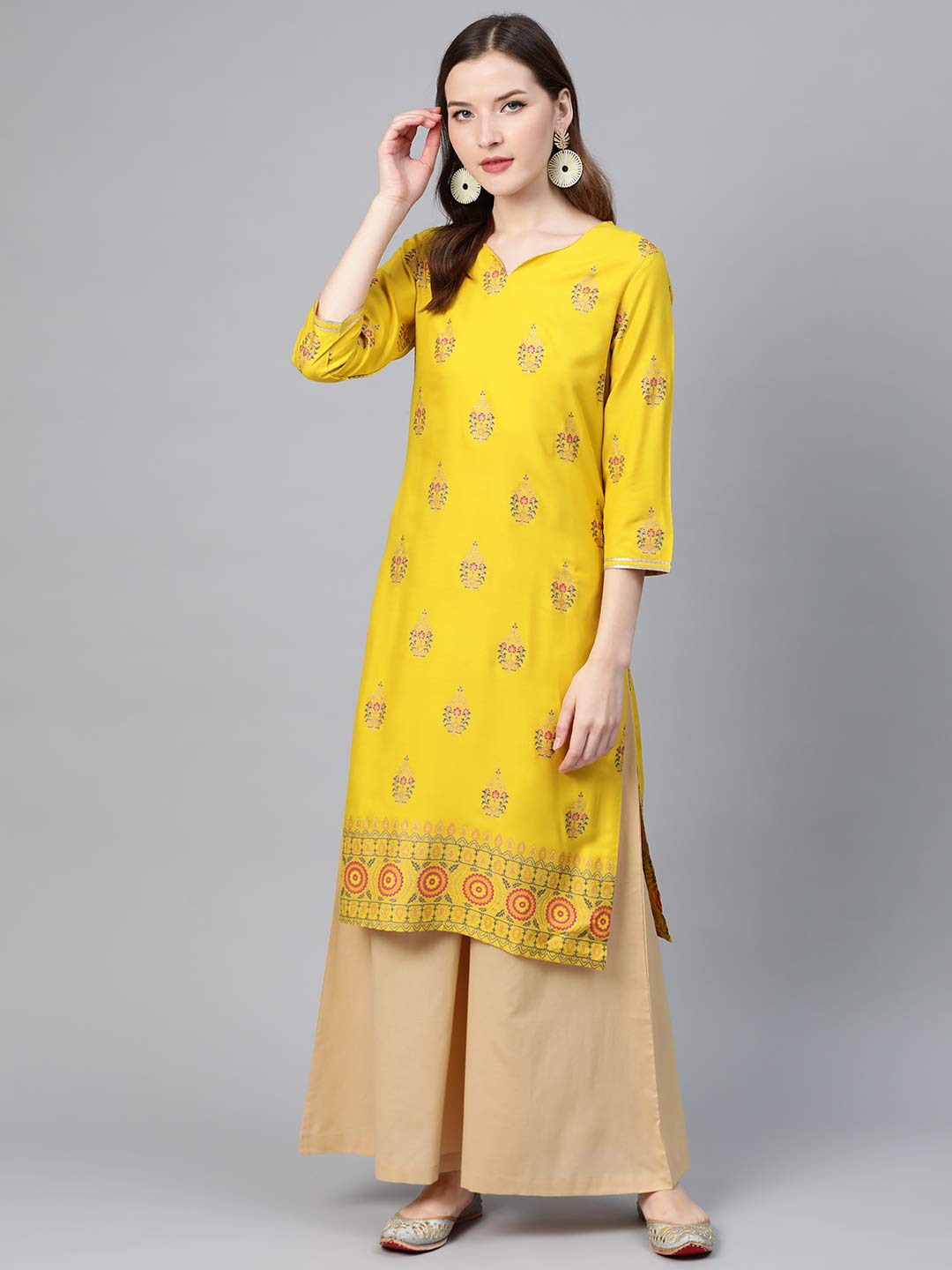 Idalia Women's Mustard Rayon Kurta With Beige Palazzo (Mustard, S)