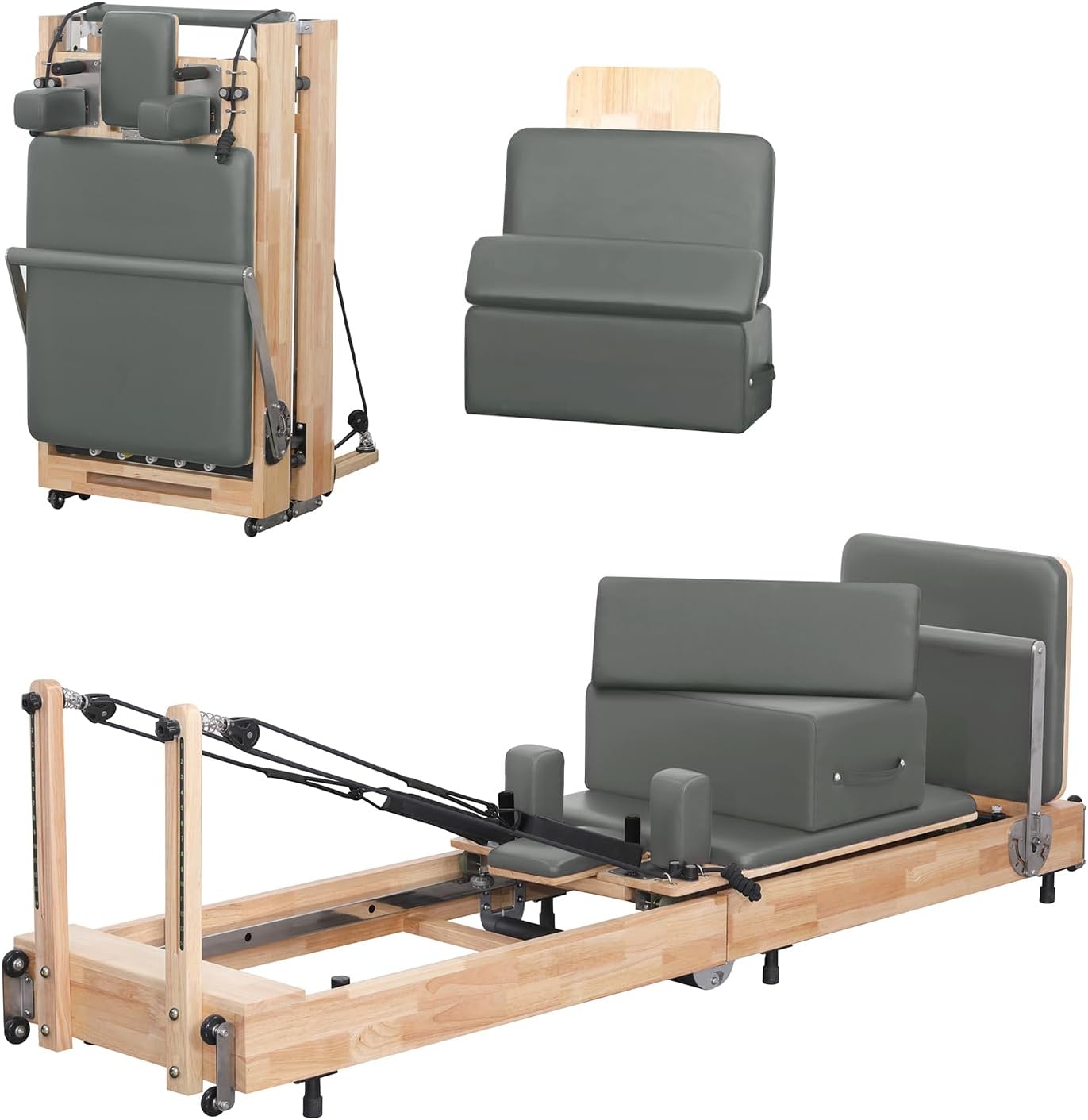 Lifitness Pilates Reformer Machine, Rubberwood Foldable 5-Spring with Jump Board & Pilates Box, 240 kg Capacity for Home Gym