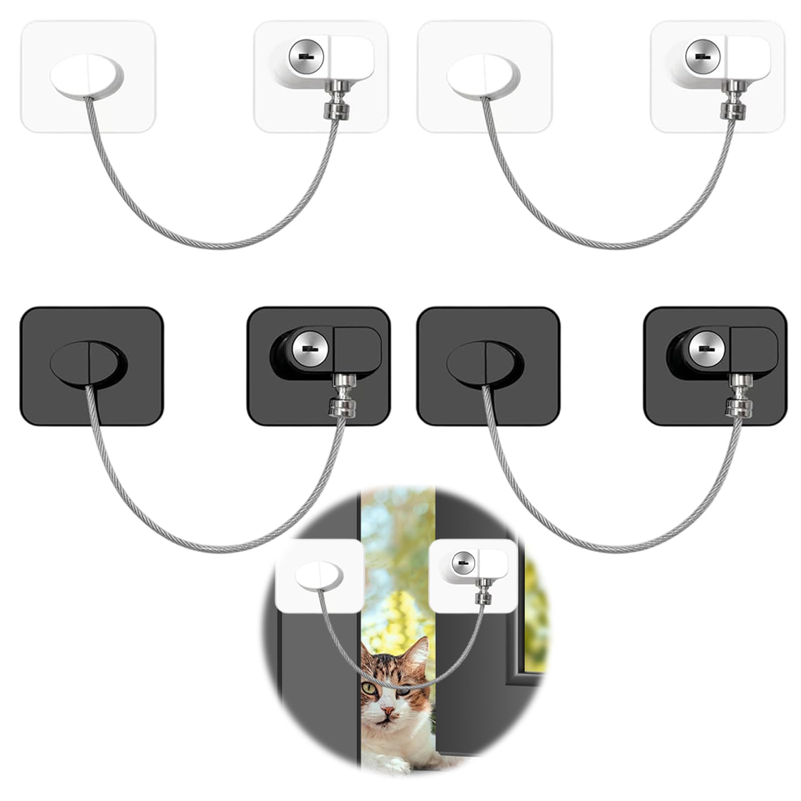 Childproof Window and Fridge Locks - No Drilling Required, Adhesive Restrainers for UPVC Windows, Drawers and Cupboards - Black and White