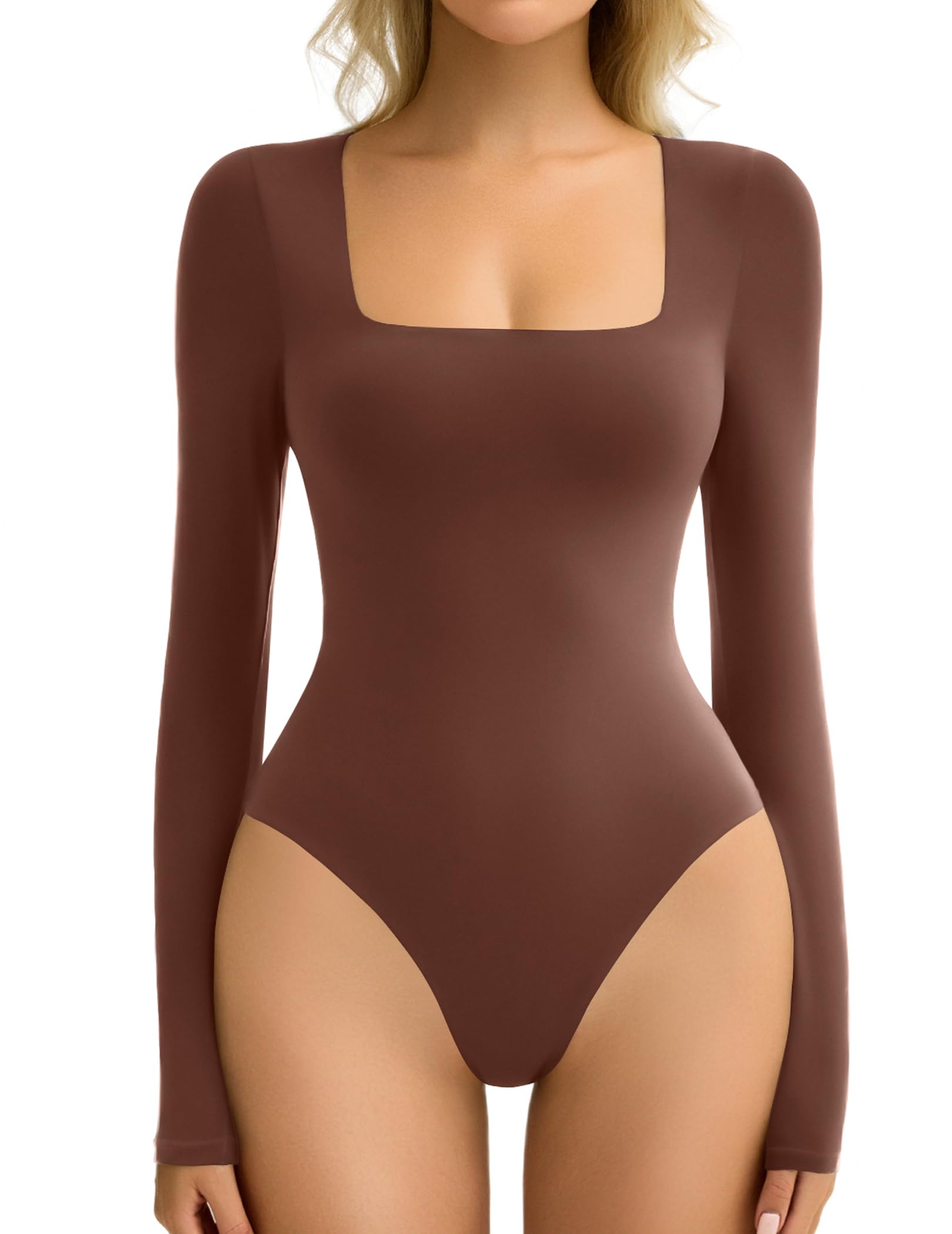 Avidlove Body de manga larga para mujer, con doble forro, cuello cuadrado, cierre a presión, suave