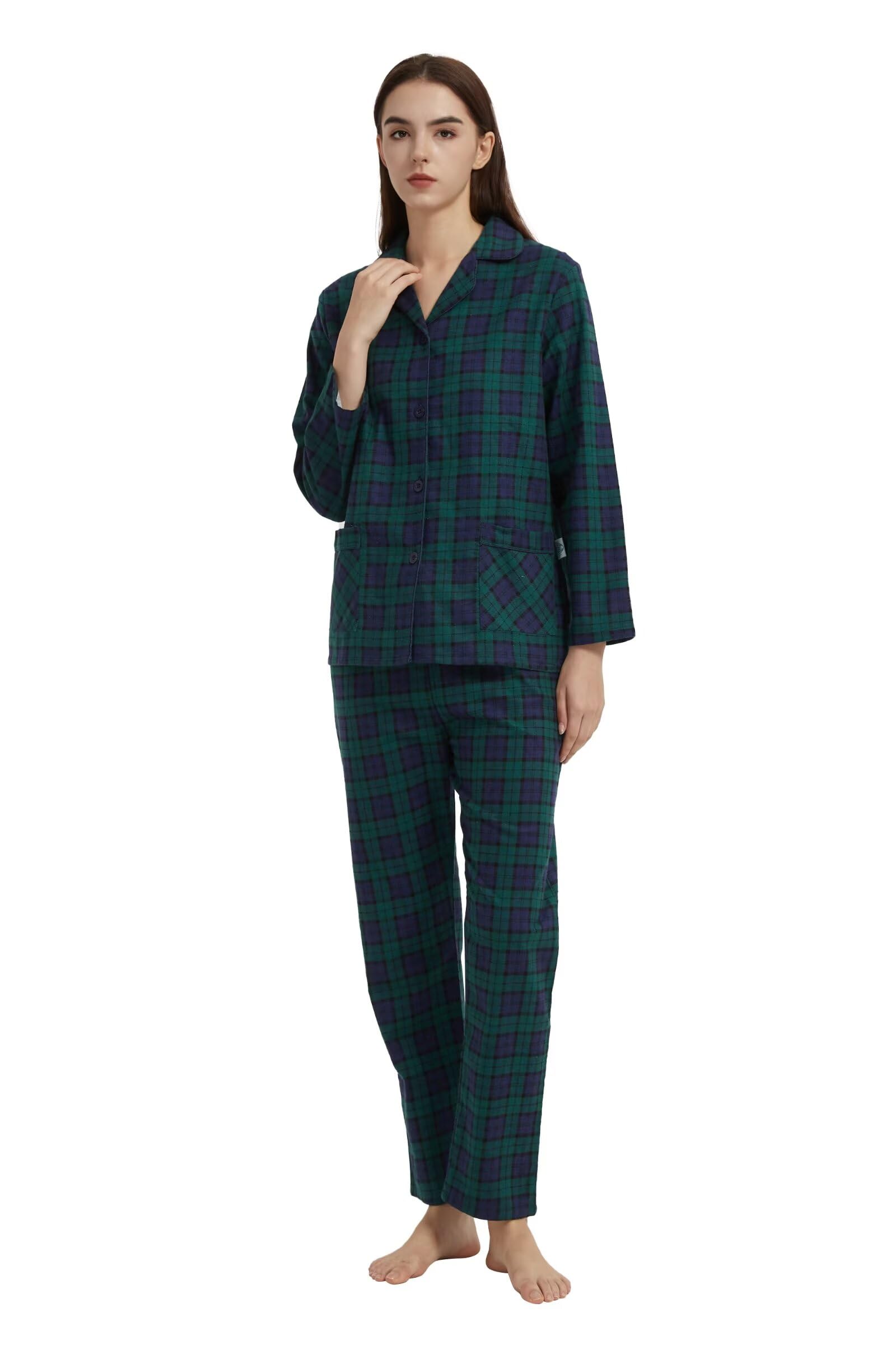 GLOBAL Conjunto de Pijama Algodón para Mujer Conjunto de Pijama Franela Suave Floral de Manga Larga con Botones para Mujer Ropa de Dormir con Cordón Transpirable para Mujer