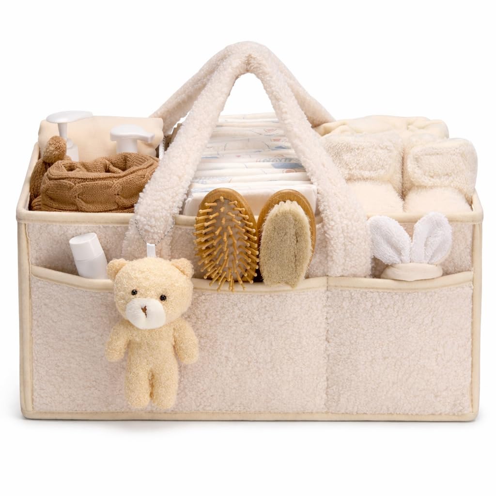 NSXVIA Baby-Windel-Caddy Organizer für Wickeltisch, Baby-Aufbewahrungskorb für Windeln und Feuchttücher, Geschenk für Babyparty, Auto-Caddy Organizer, Kindergarten-Windel-Organizer (cremeweiß) - 2