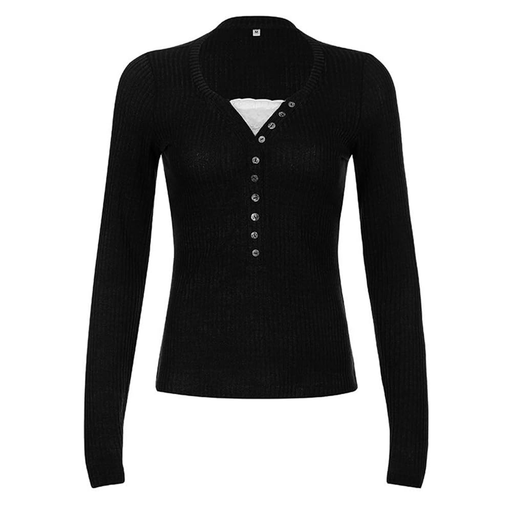 Women Button Front Knit Tops, Long Sleeve Lace Patchwork