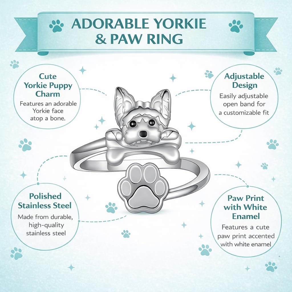 SUPAC German Shepherd, Yorkie, Pug Dog Paw Adjustable Ring, Sterling Silver, Paw Print Design with Crystal Accents - Christmas, Birthday, or Party Ring