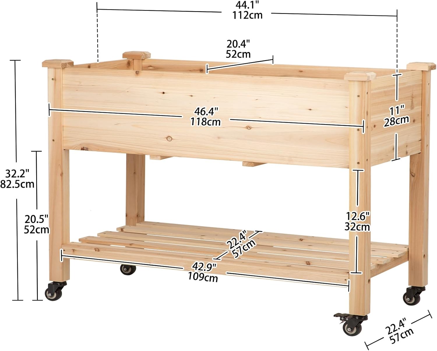 Raised Garden Bed with Lockable Wheels, 48x24x32 inch Elevated Wood Planter with Storage Shelf Protective Liner for Vegetable Flower Herb Outdoor Balcony Patio Backyard, Natural